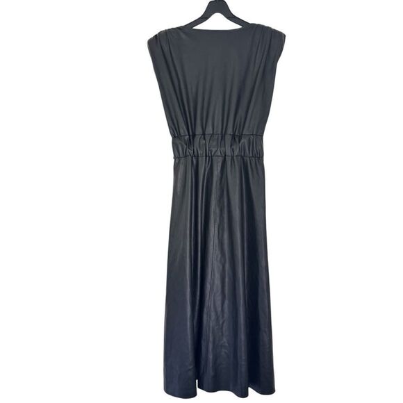 Zara Black Faux Leather Shoulder Pads Midi Dress Size Medium - Picture 2 of 6